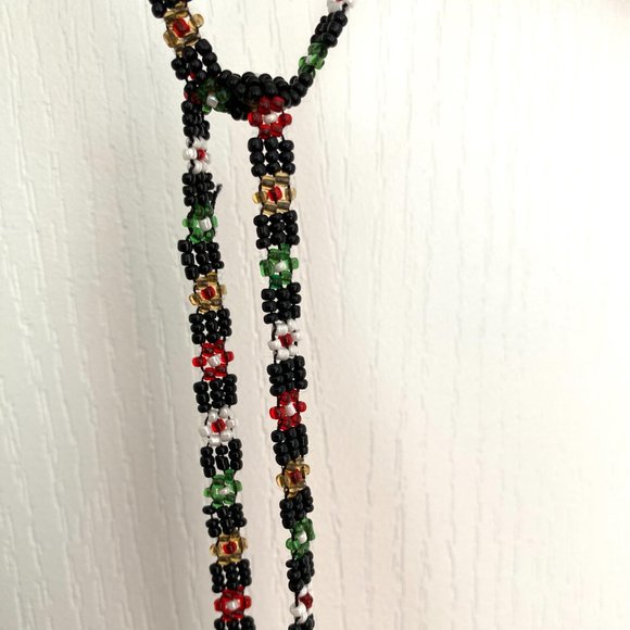Hungarian Skinny Beaded Scarf Necklace with Black, Green, Red, White Bead Detail - Picture 10 of 12